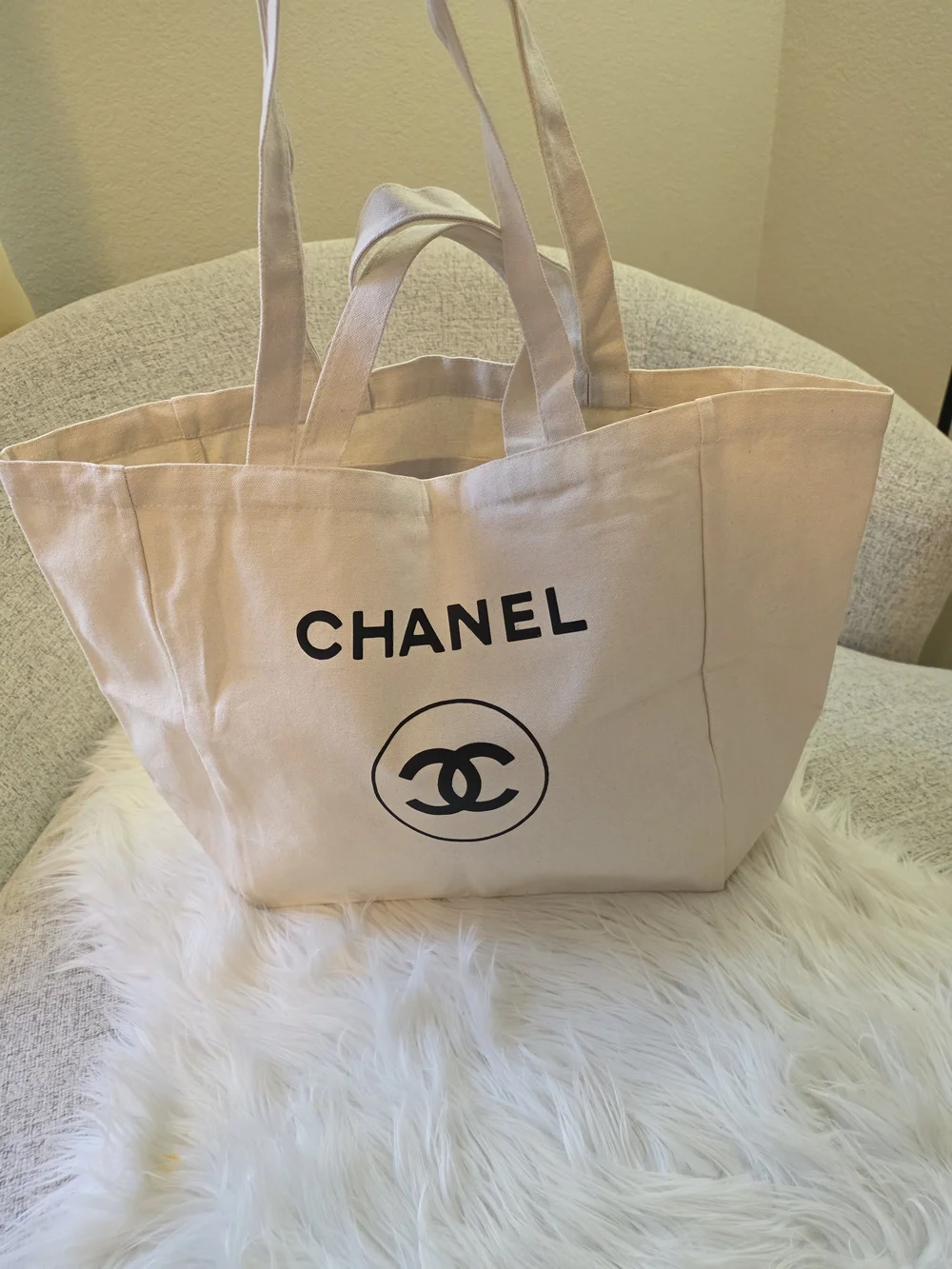 Beige Canvas Tote Bag - Large